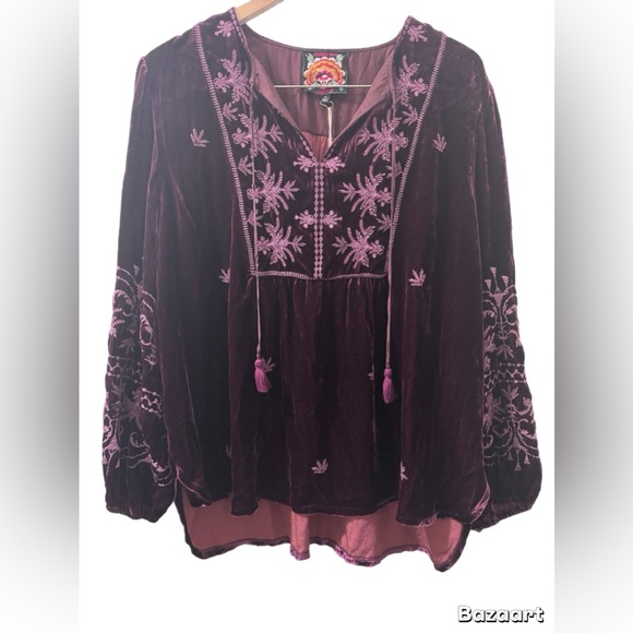 Johnny Was Tops - Johnny Was Velvet Blouse - Deep Purple with Pink Embroidery
